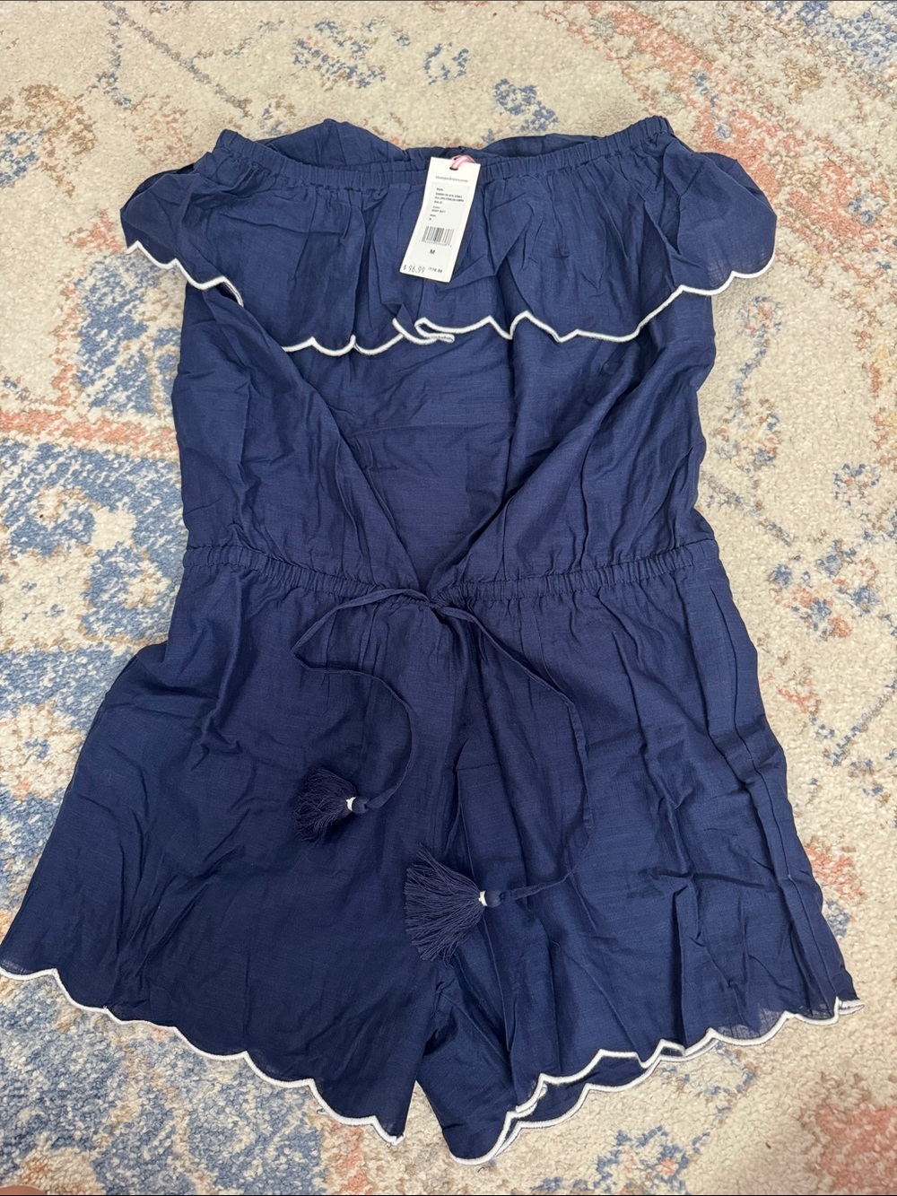 Vineyard Vines Navy Off-Shoulder Tassel Romper with White Trim